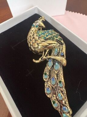Gold Peacock Brooch with Blue-Green Crystal Accents